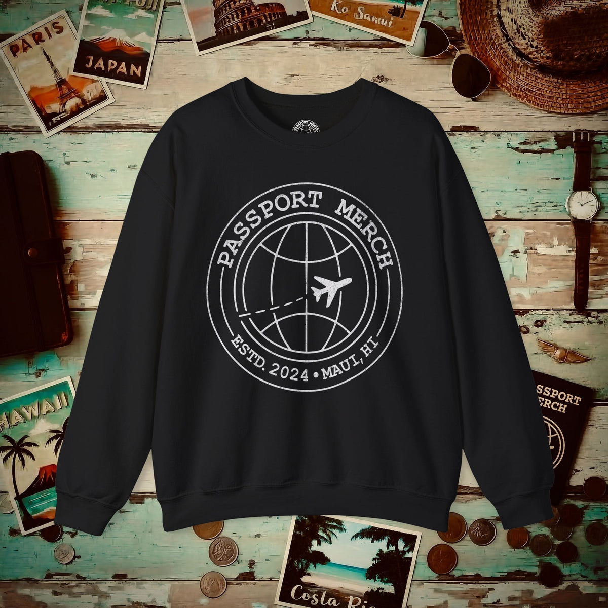 Passport Merch, Estd. 2024, Maui, HI Crewneck Black / S