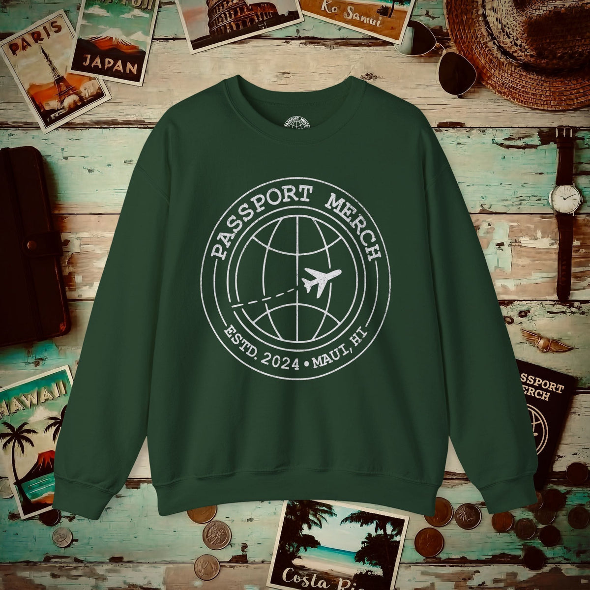 Passport Merch, Estd. 2024, Maui, HI Crewneck Forest Green / S