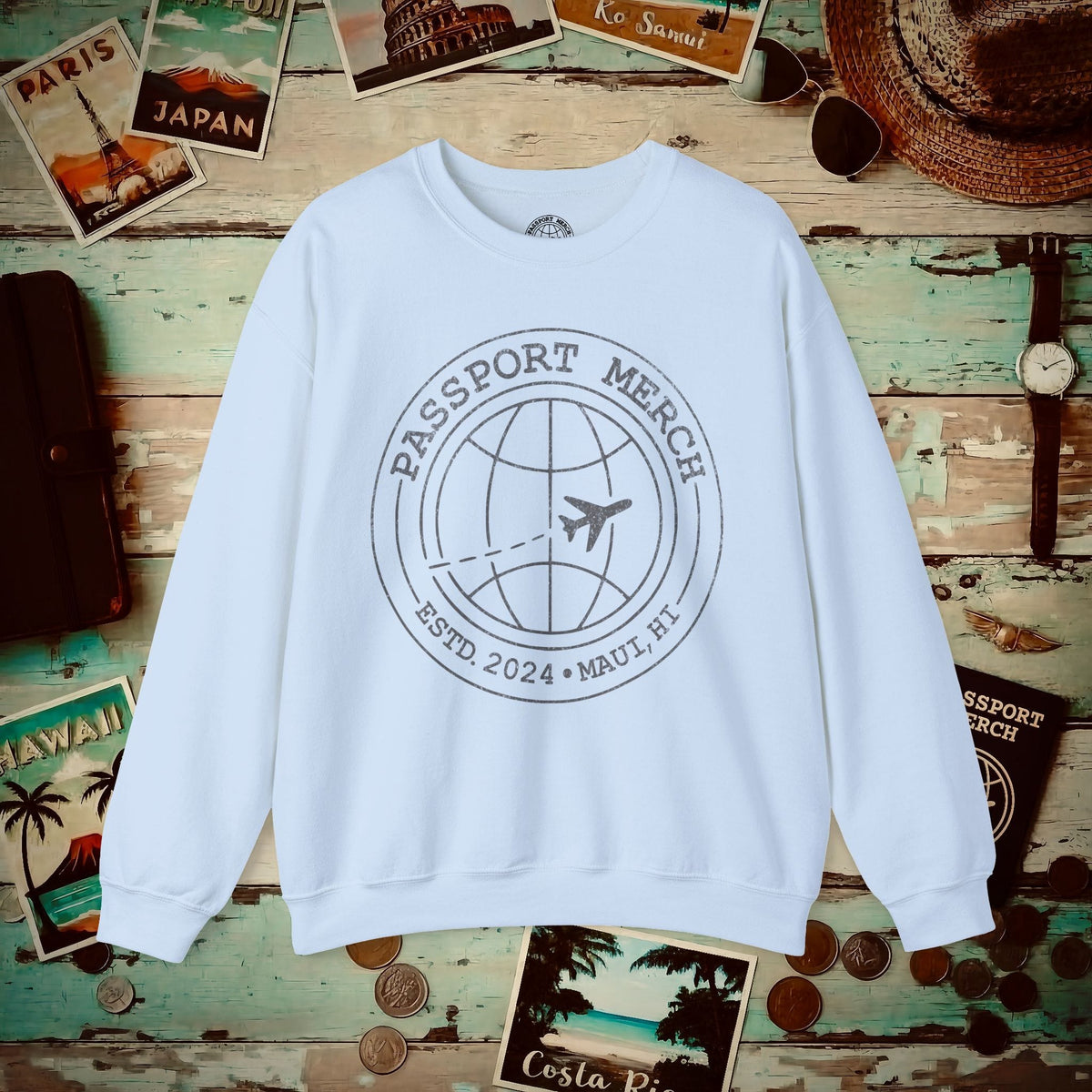 Passport Merch, Estd. 2024, Maui, HI Crewneck Light Blue / S