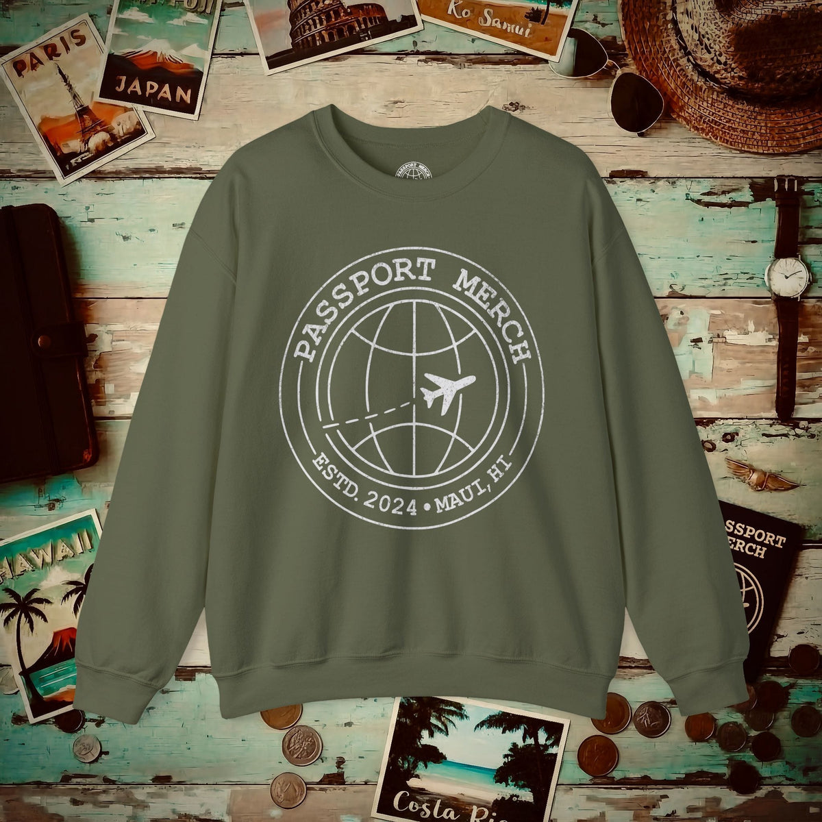 Passport Merch, Estd. 2024, Maui, HI Crewneck Military Green / S