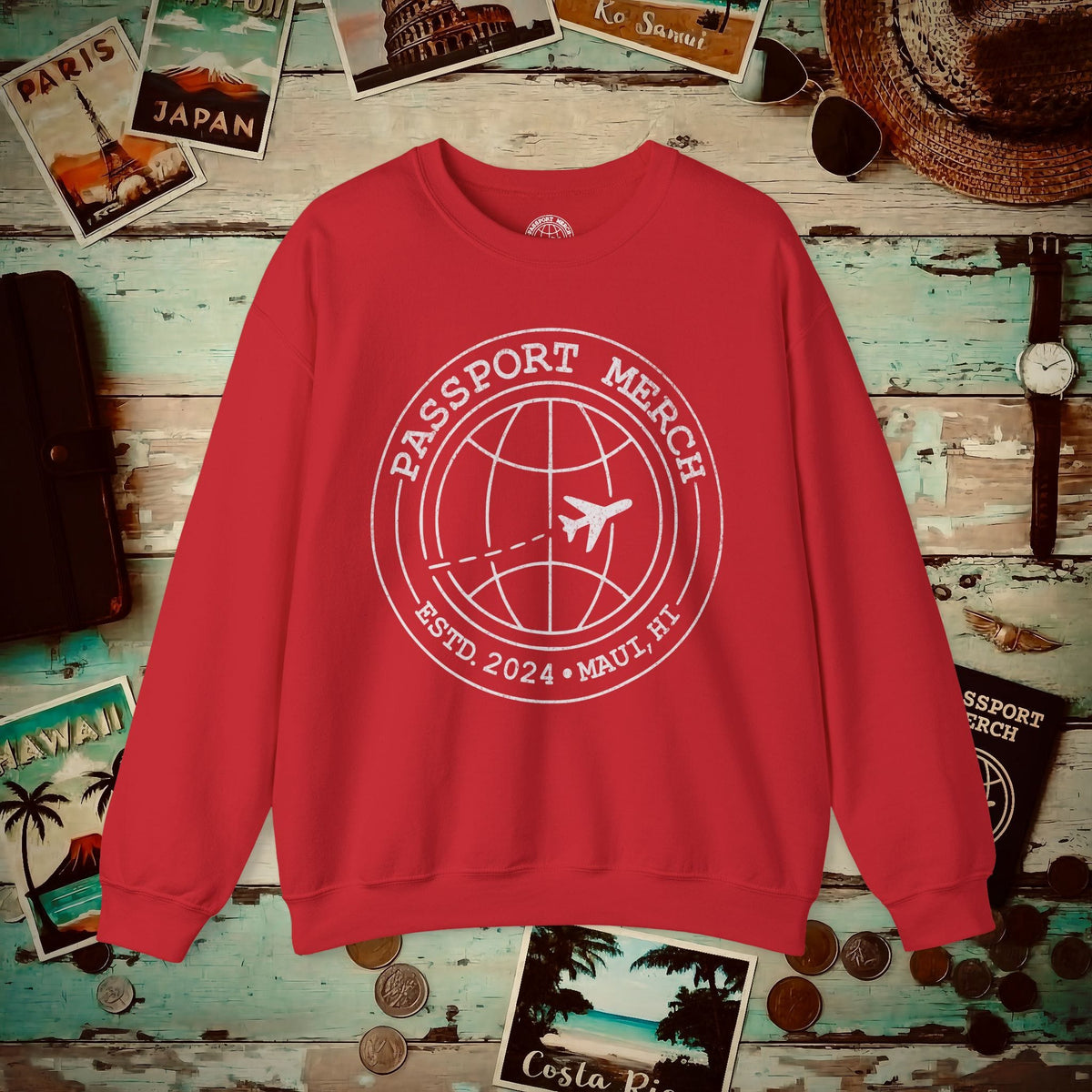 Passport Merch, Estd. 2024, Maui, HI Crewneck Red / S