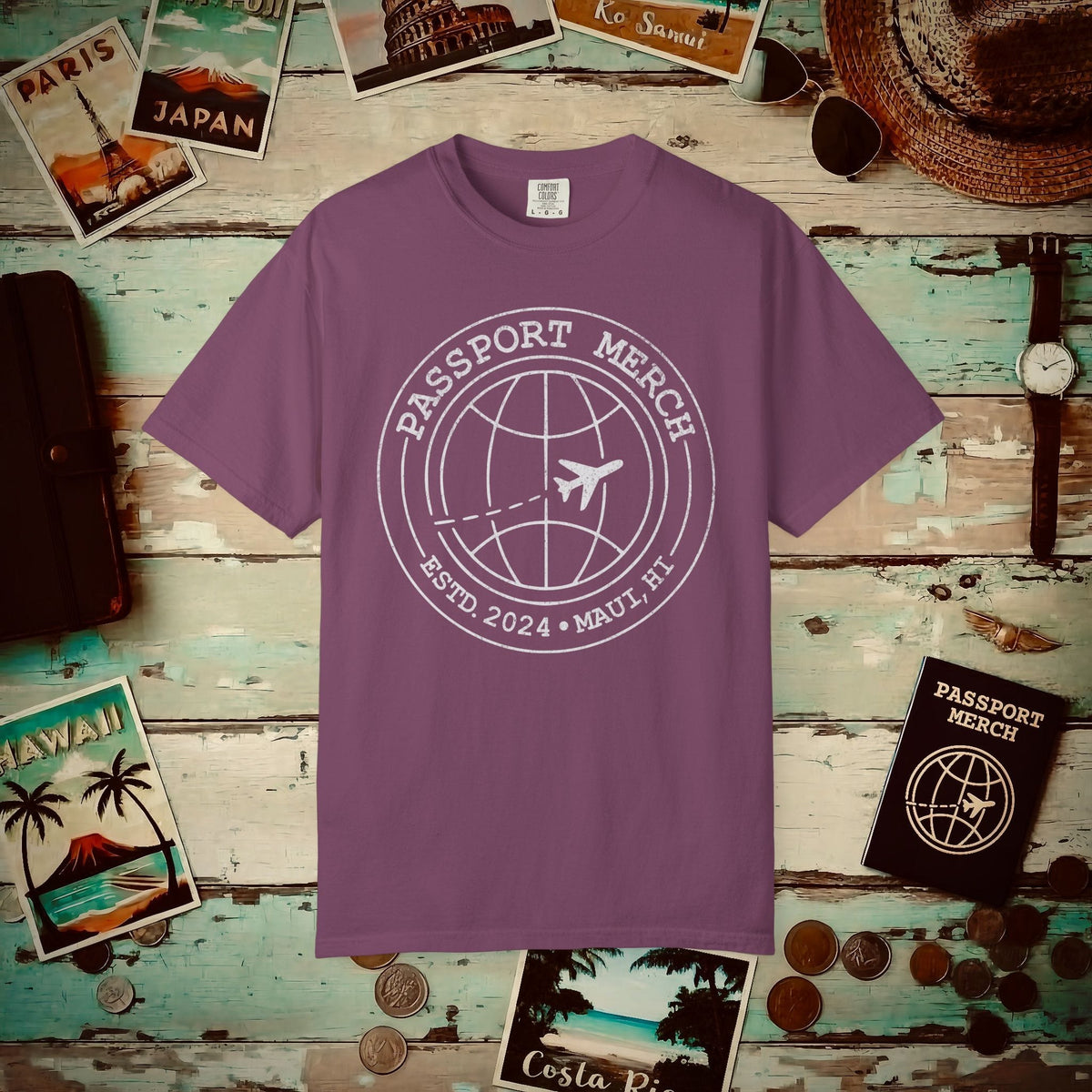 Passport Merch, Estd. 2024, Maui, HI Heavy Tee Berry / S