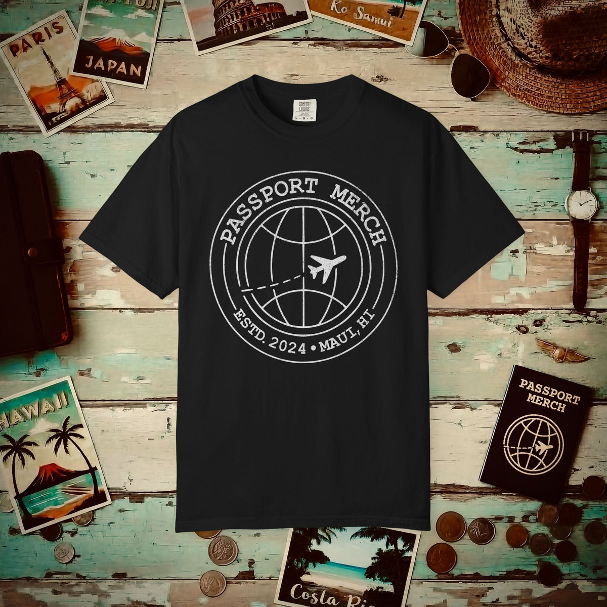 Passport Merch, Estd. 2024, Maui, HI Heavy Tee Black / S