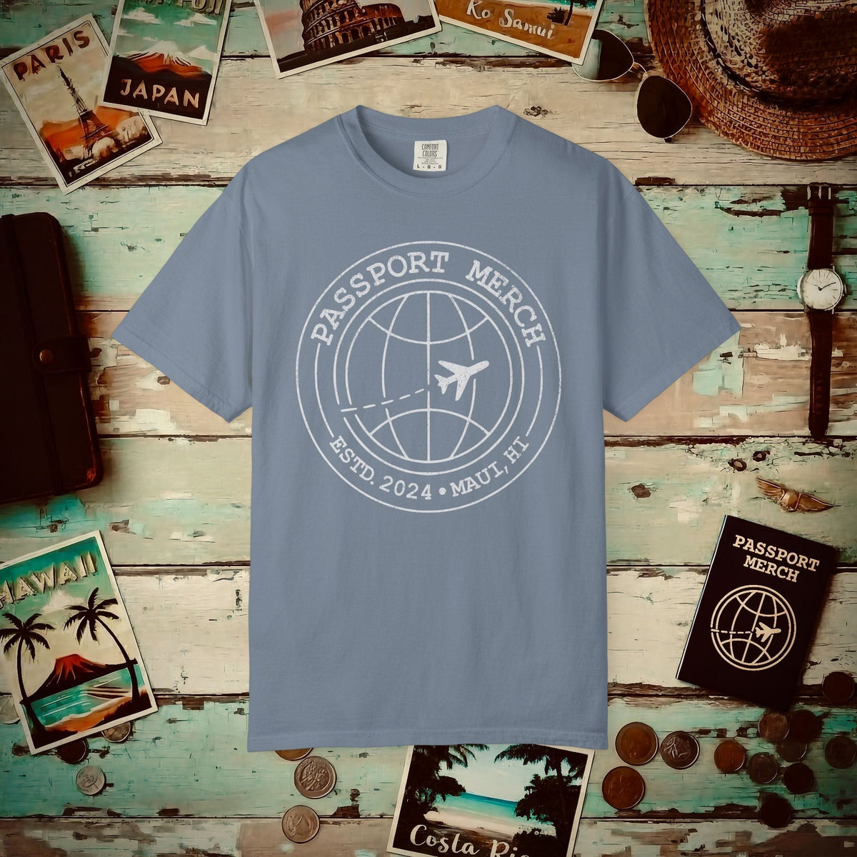 Passport Merch, Estd. 2024, Maui, HI Heavy Tee Blue Jean / S