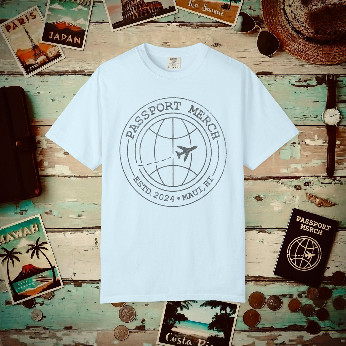 Passport Merch, Estd. 2024, Maui, HI Heavy Tee Chambray / S