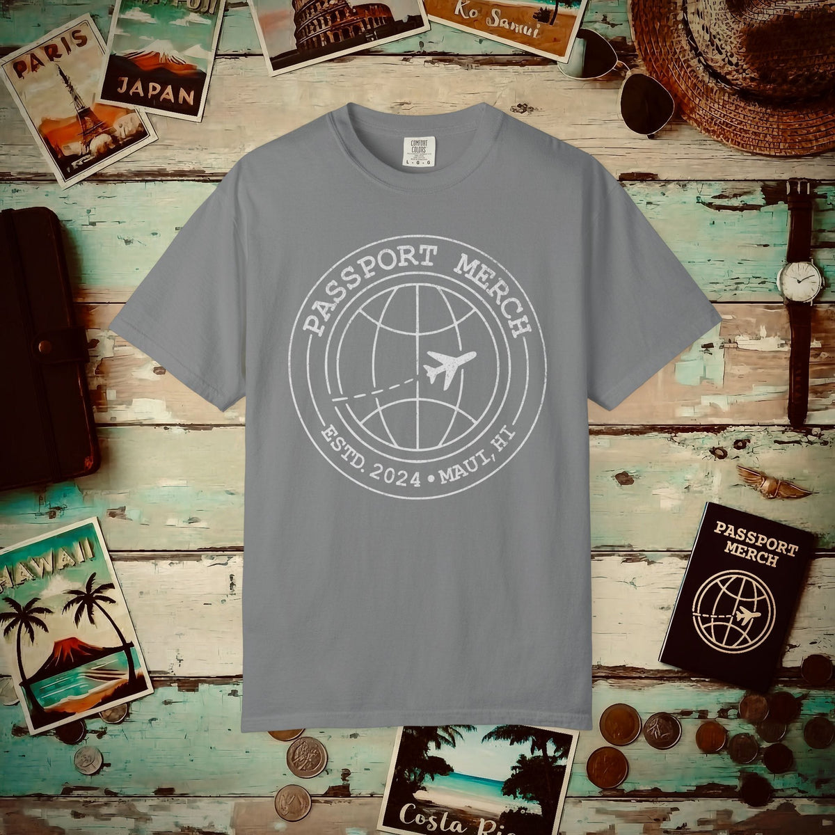 Passport Merch, Estd. 2024, Maui, HI Heavy Tee Grey / S