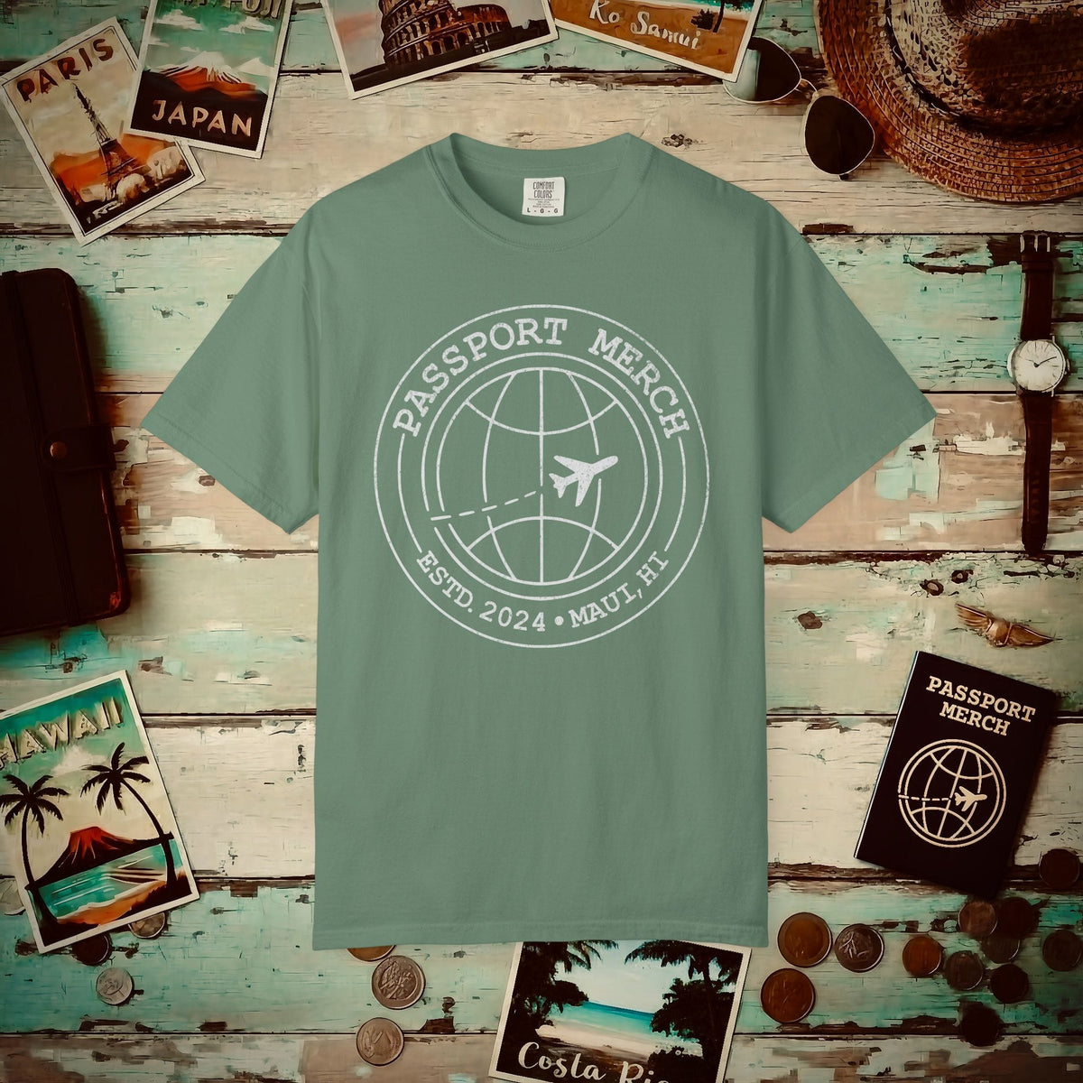 Passport Merch, Estd. 2024, Maui, HI Heavy Tee Light Green / S