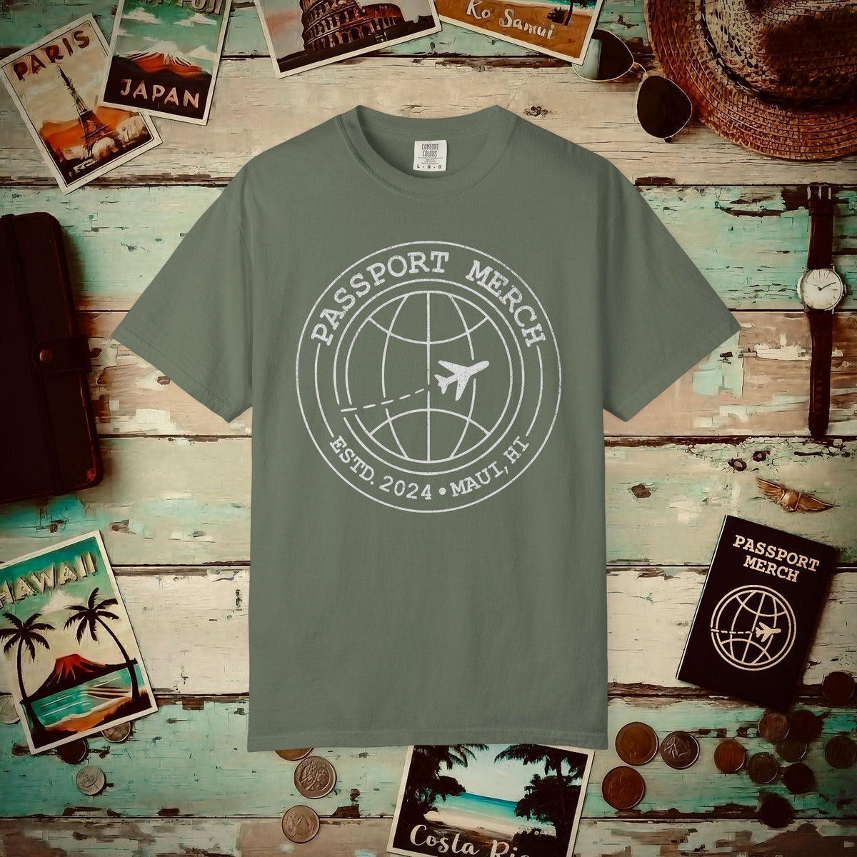 Passport Merch, Estd. 2024, Maui, HI Heavy Tee Moss / S