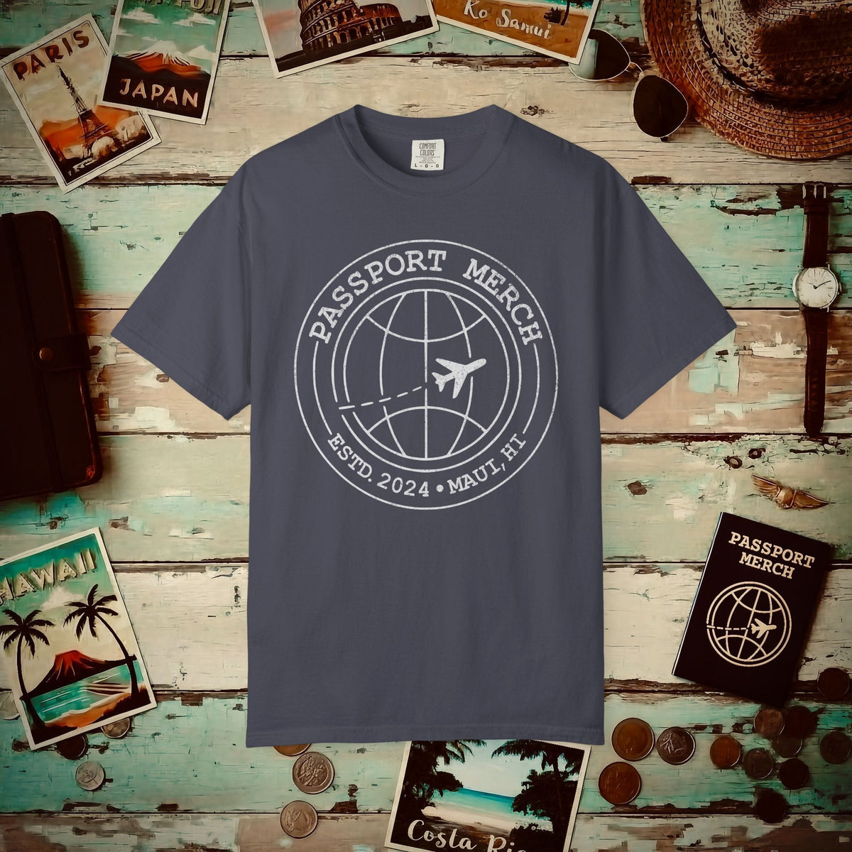 Passport Merch, Estd. 2024, Maui, HI Heavy Tee Navy / S