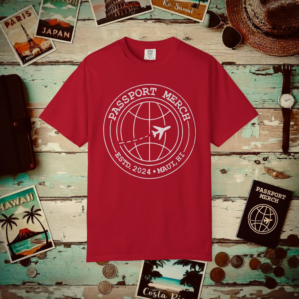 Passport Merch, Estd. 2024, Maui, HI Heavy Tee Red / S