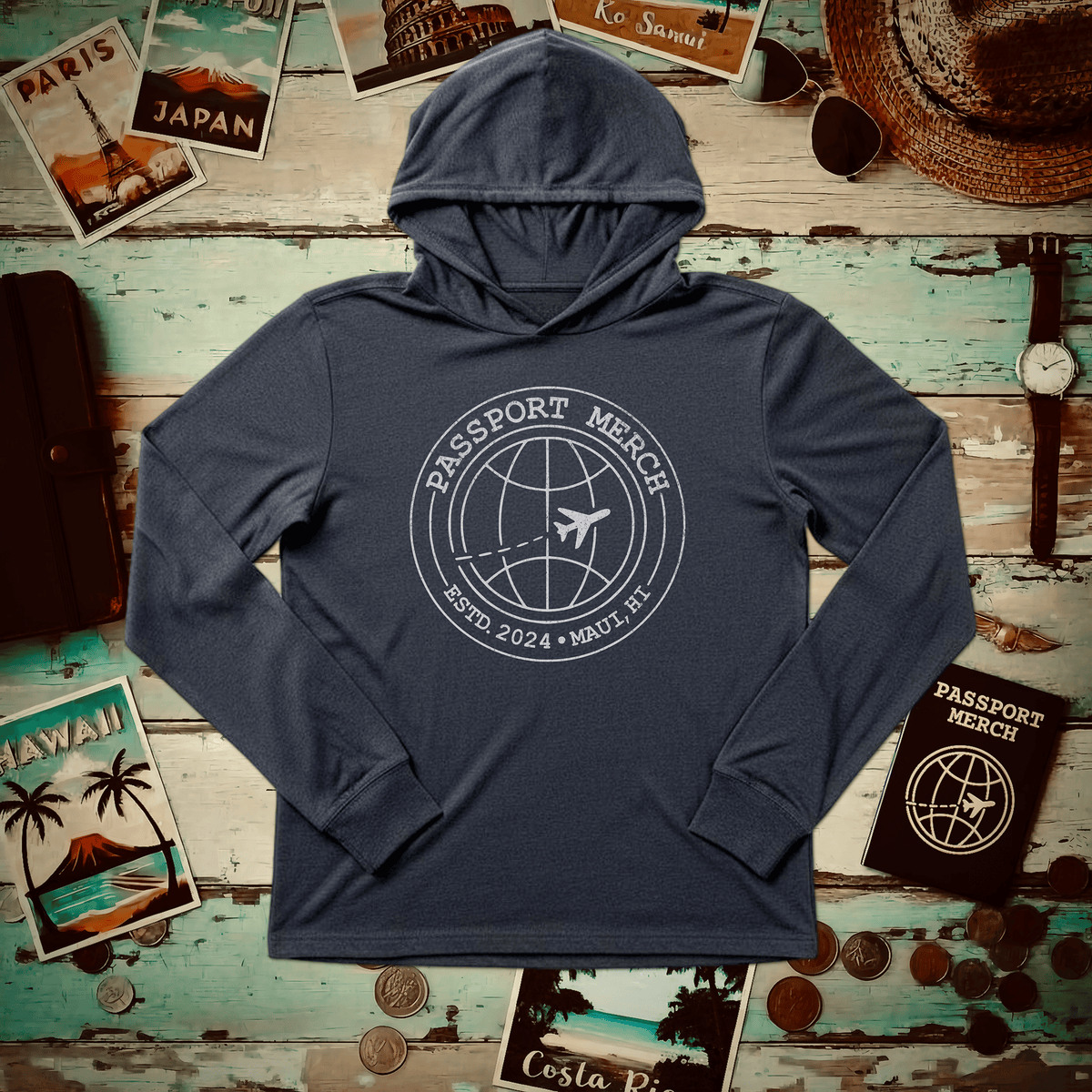 Passport Merch, Estd. 2024, Maui, HI Hooded Long Sleeve Heather Navy / XL