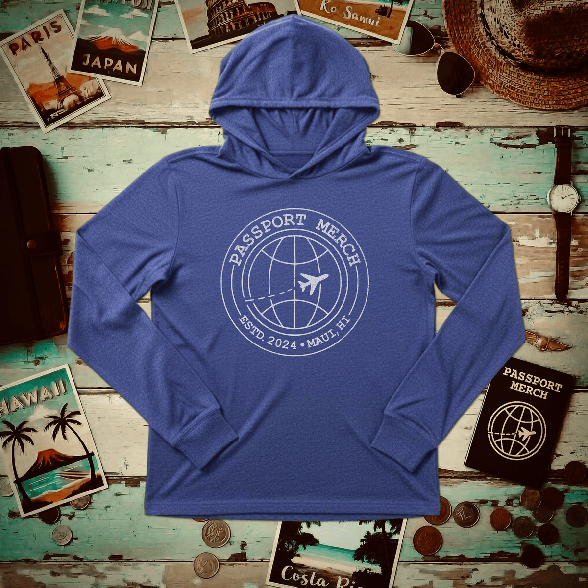 Passport Merch, Estd. 2024, Maui, HI Hooded Long Sleeve Heather True Royal / L