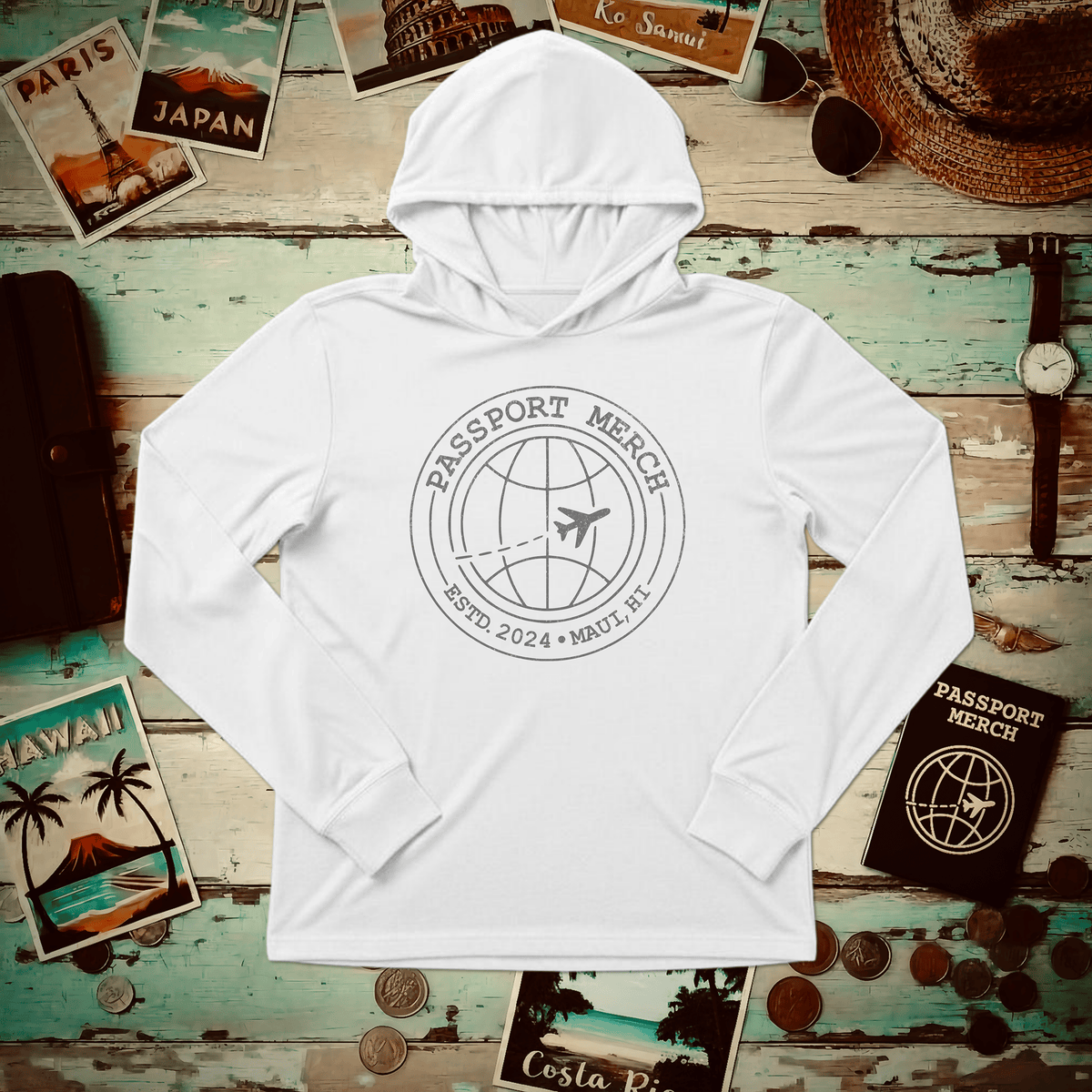 Passport Merch, Estd. 2024, Maui, HI Hooded Long Sleeve White / XS