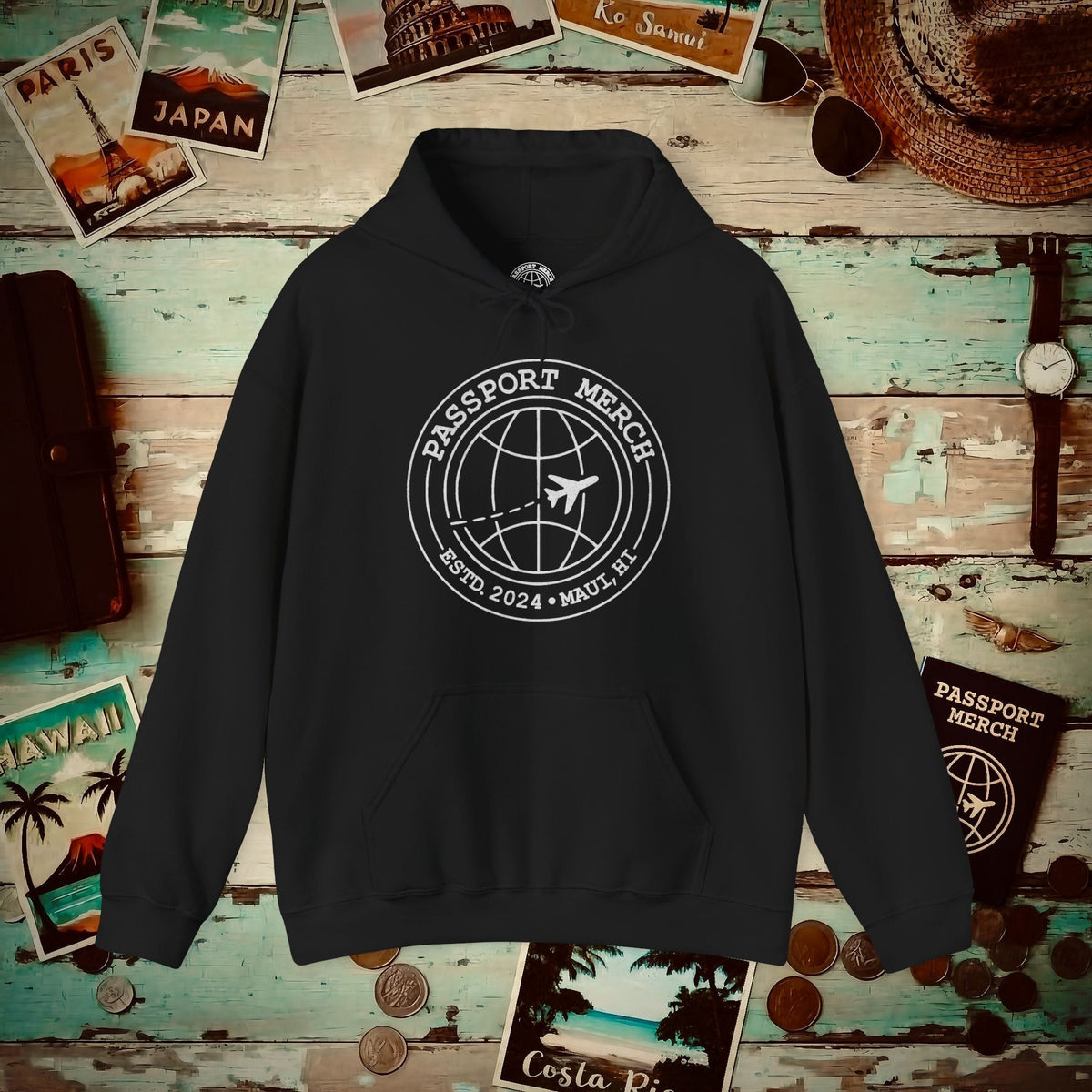 Passport Merch, Estd. 2024, Maui, HI Hoodie Black / S