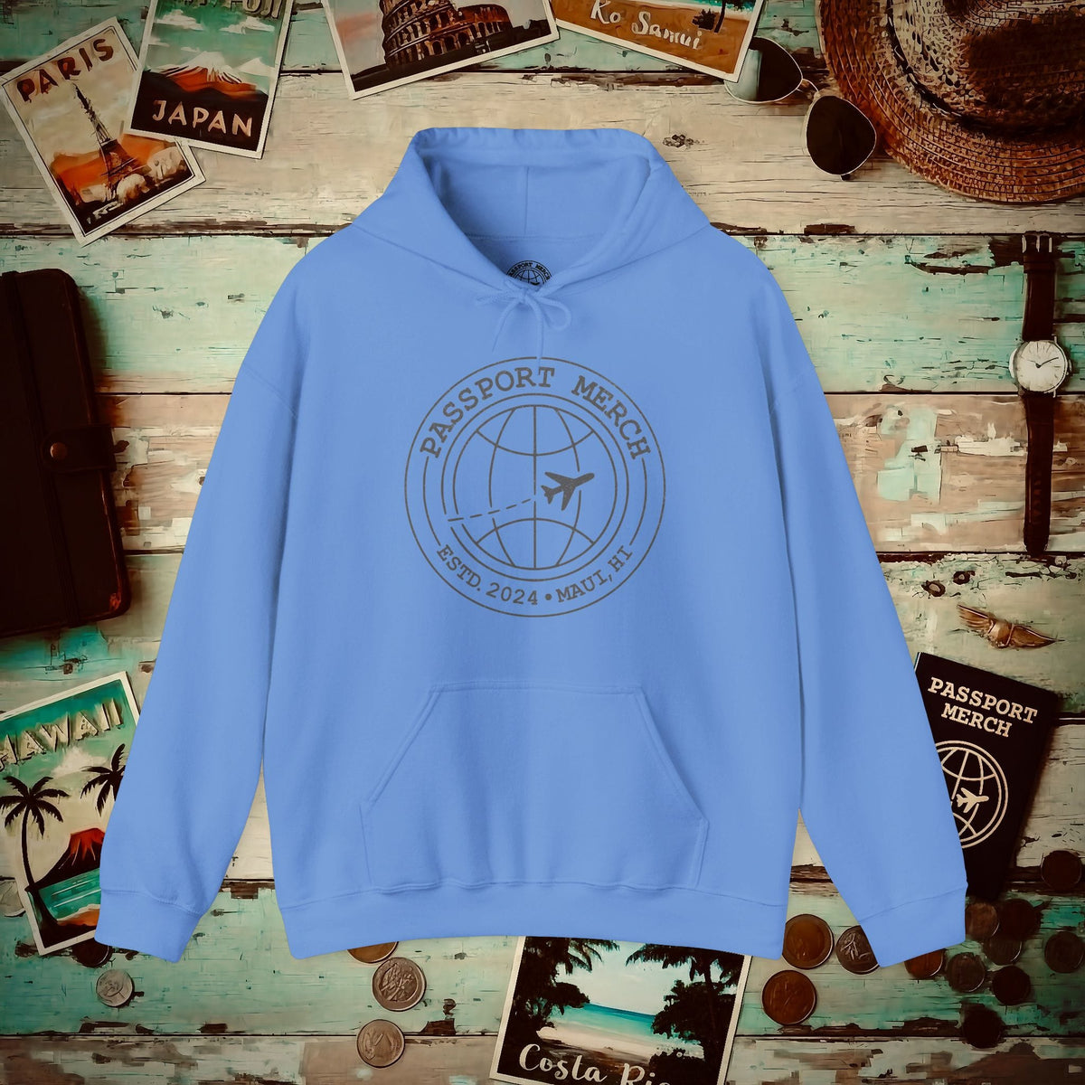 Passport Merch, Estd. 2024, Maui, HI Hoodie Carolina Blue / S