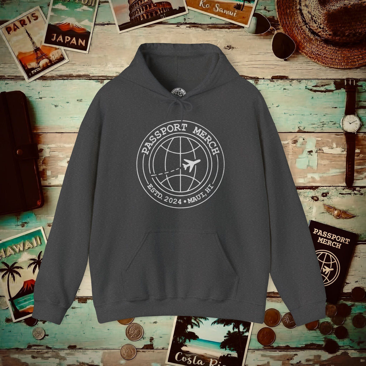 Passport Merch, Estd. 2024, Maui, HI Hoodie Dark Heather / S