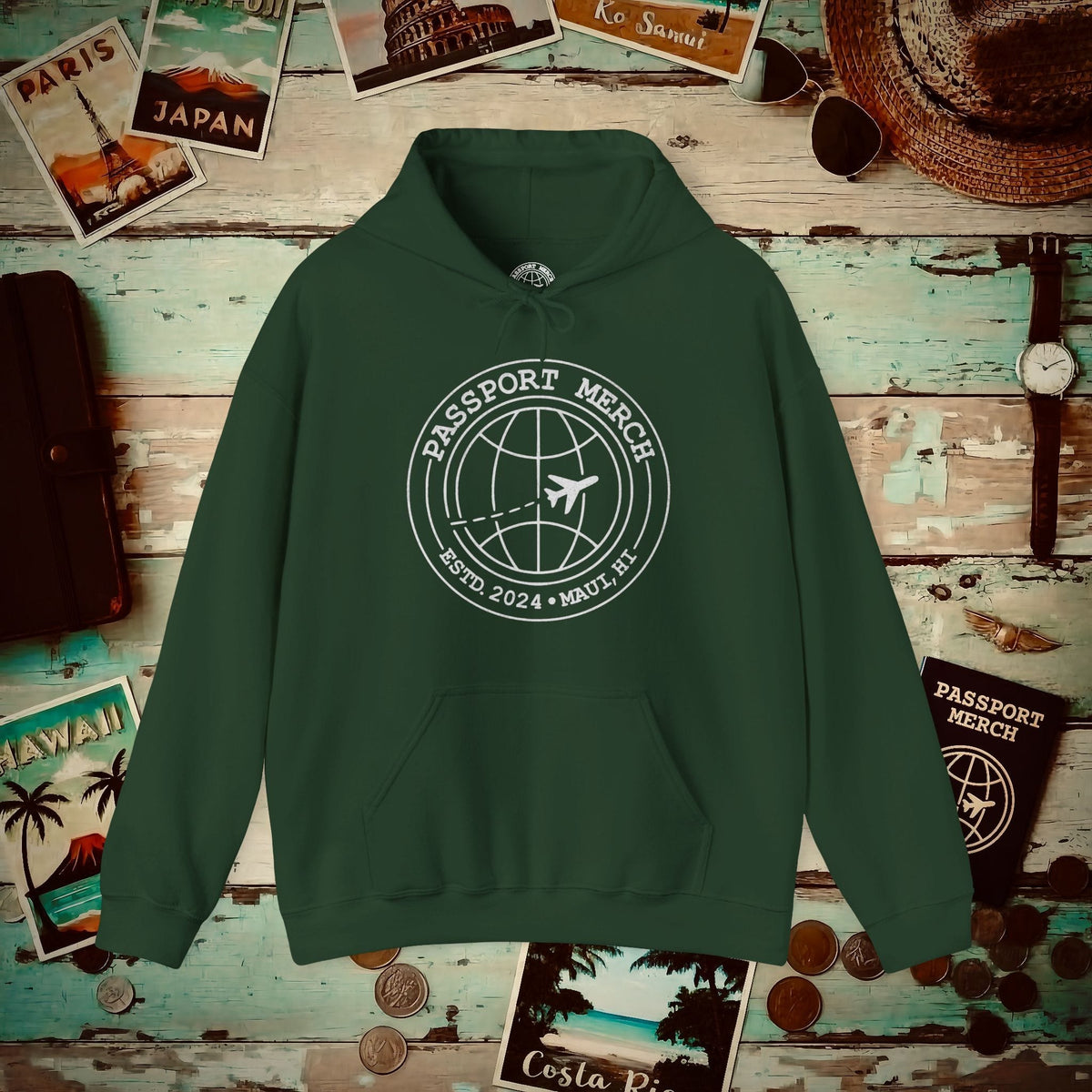 Passport Merch, Estd. 2024, Maui, HI Hoodie Forest Green / S
