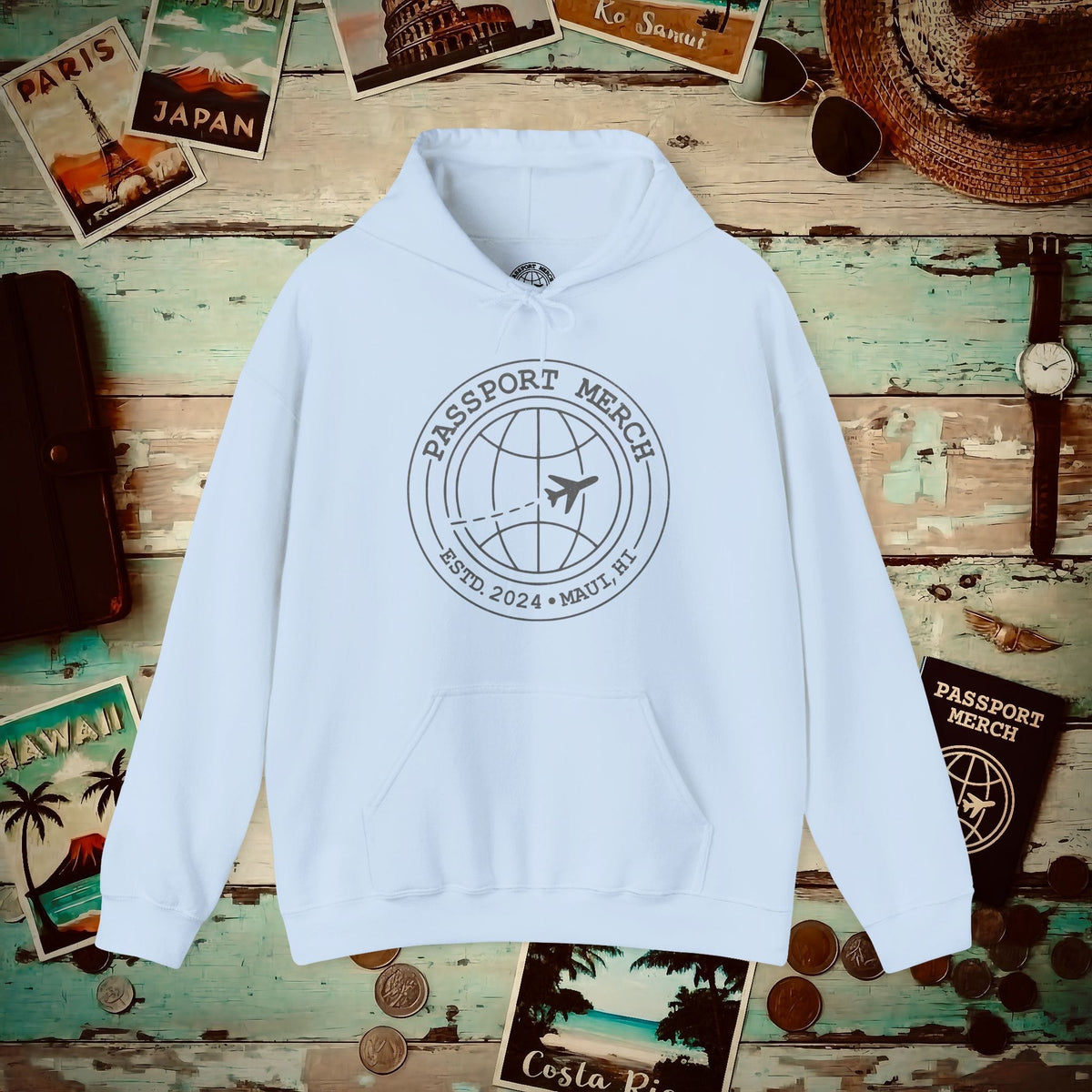 Passport Merch, Estd. 2024, Maui, HI Hoodie Light Blue / S