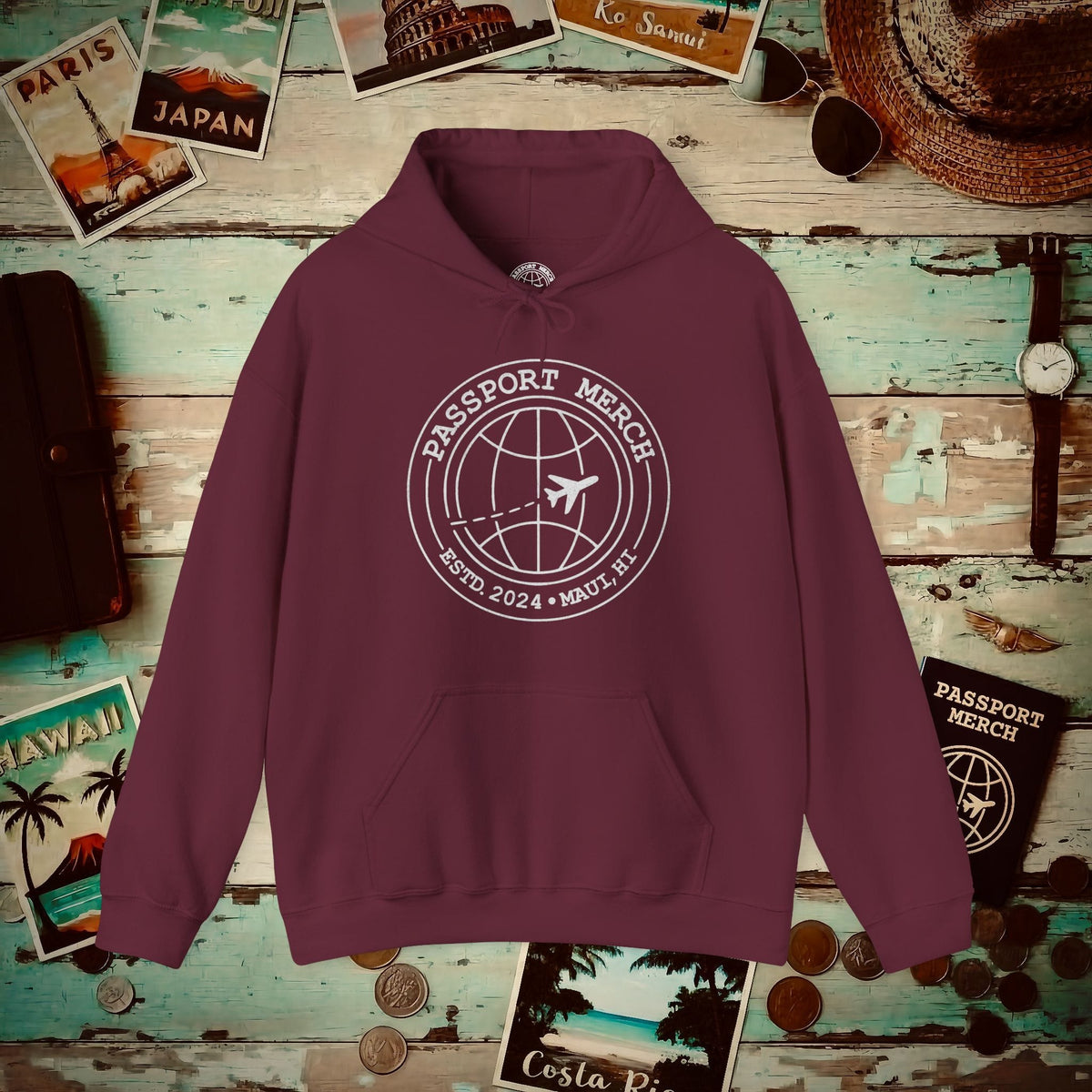 Passport Merch, Estd. 2024, Maui, HI Hoodie Maroon / S