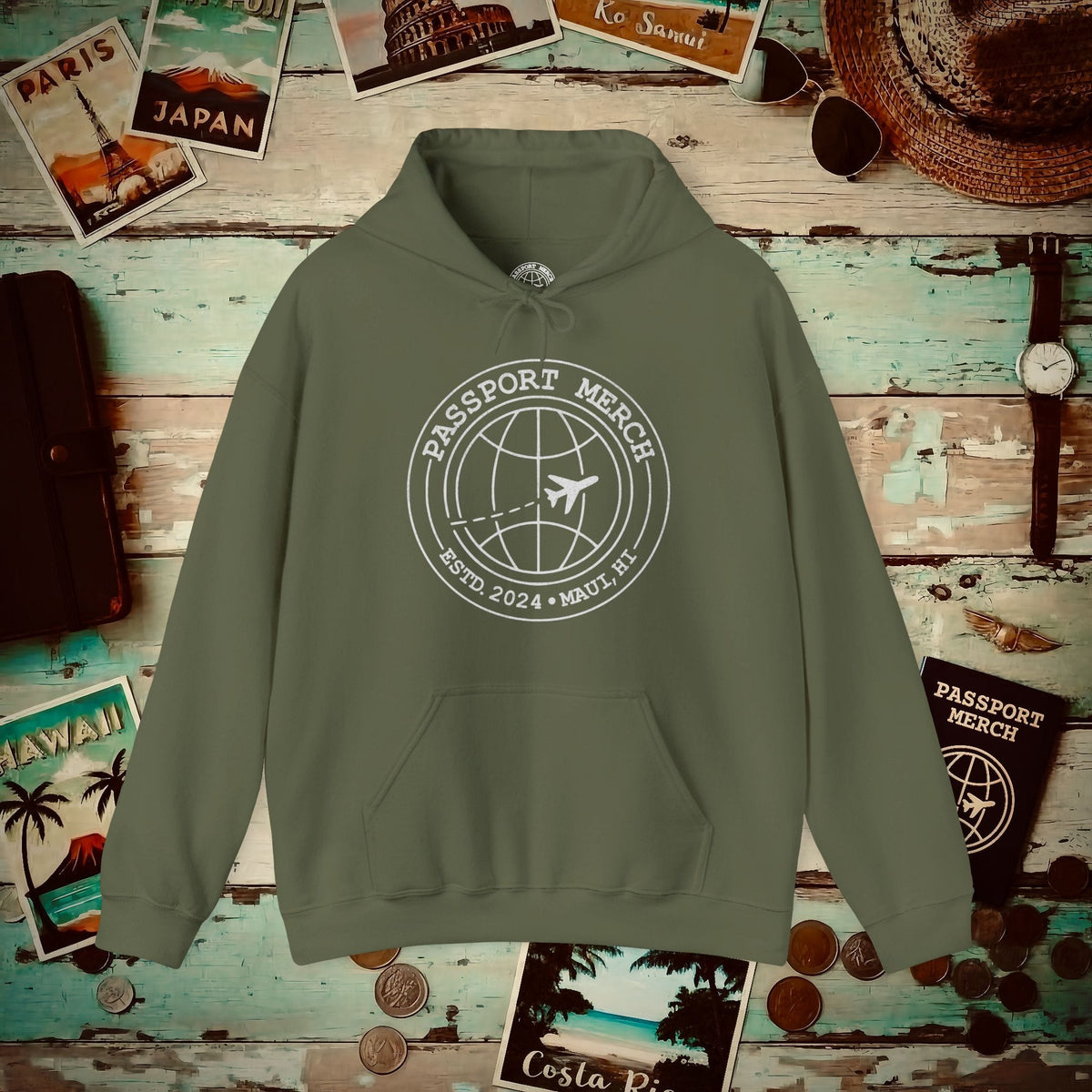 Passport Merch, Estd. 2024, Maui, HI Hoodie Military Green / S