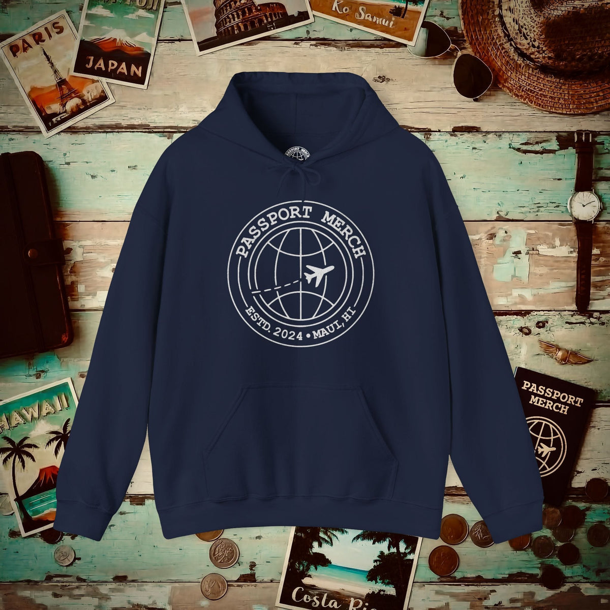 Passport Merch, Estd. 2024, Maui, HI Hoodie Navy / S