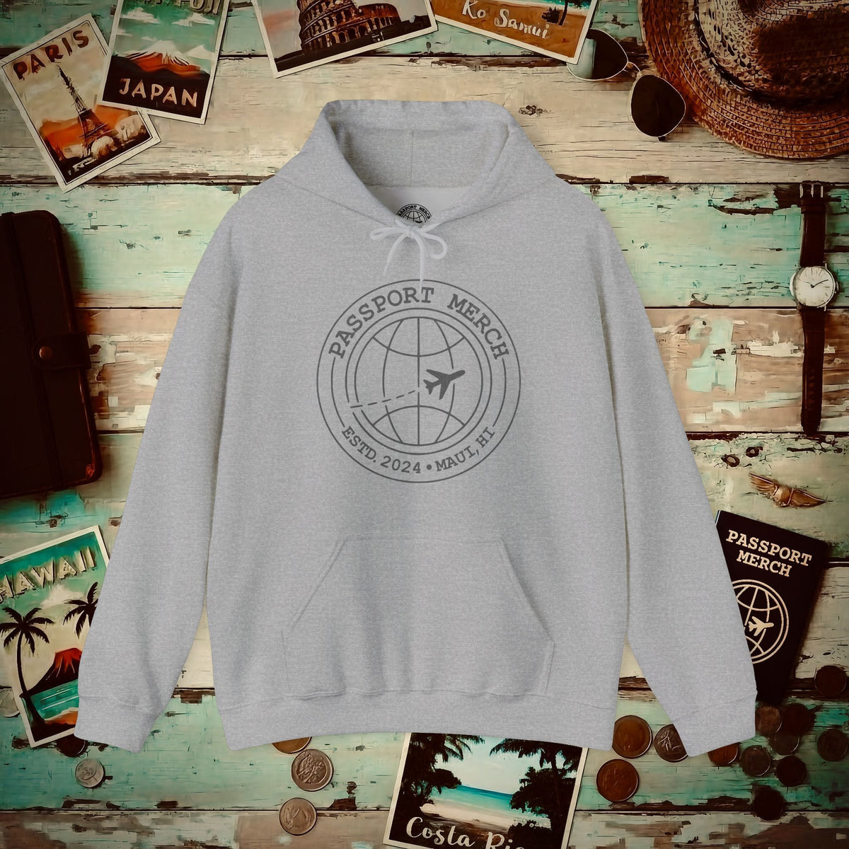 Passport Merch, Estd. 2024, Maui, HI Hoodie Sport Grey / S