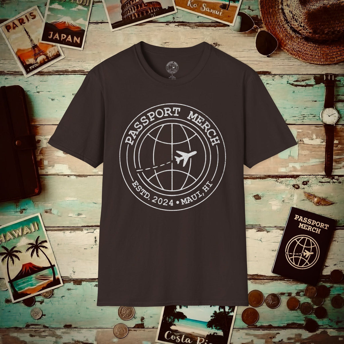 Passport Merch, Estd. 2024, Maui, HI T-Shirt Dark Chocolate / S