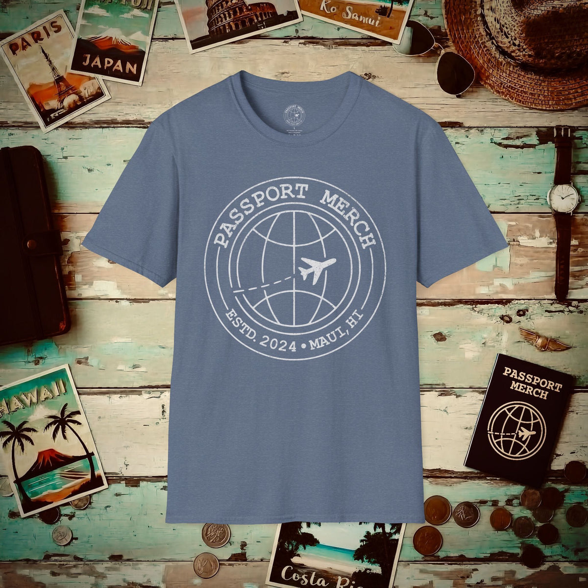 Passport Merch, Estd. 2024, Maui, HI T-Shirt Heather Indigo / S
