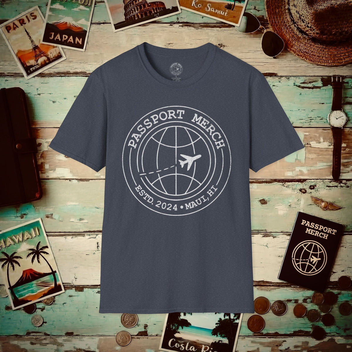 Passport Merch, Estd. 2024, Maui, HI T-Shirt Heather Navy / S