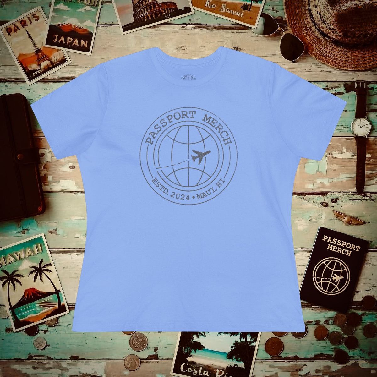Passport Merch, Estd. 2024, Maui, HI Womens Fit T-Shirt Carolina Blue / S