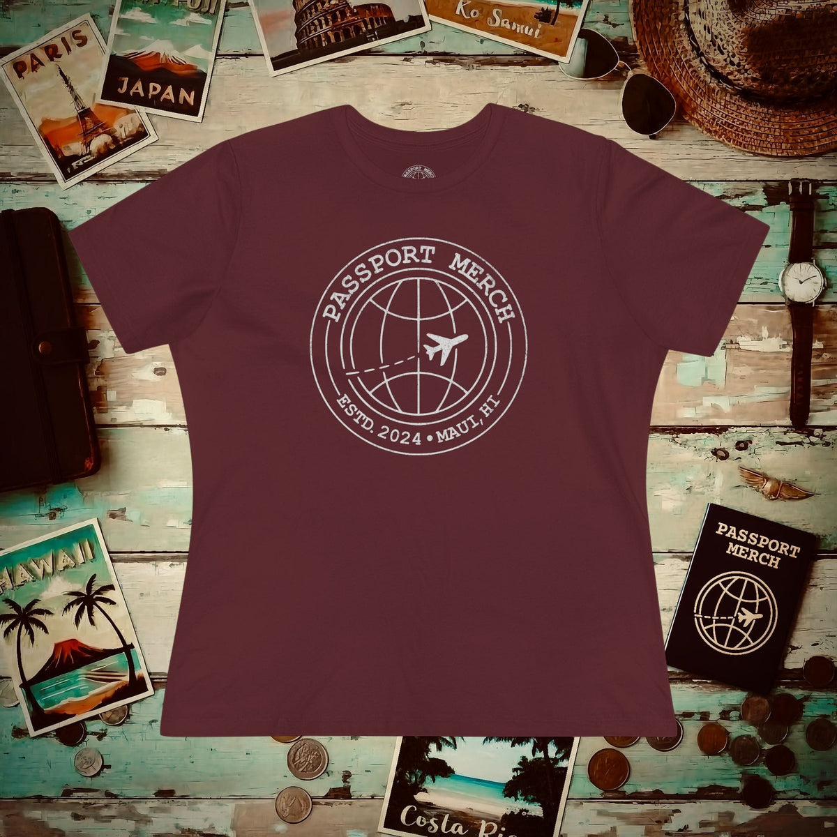 Passport Merch, Estd. 2024, Maui, HI Womens Fit T-Shirt Maroon / S