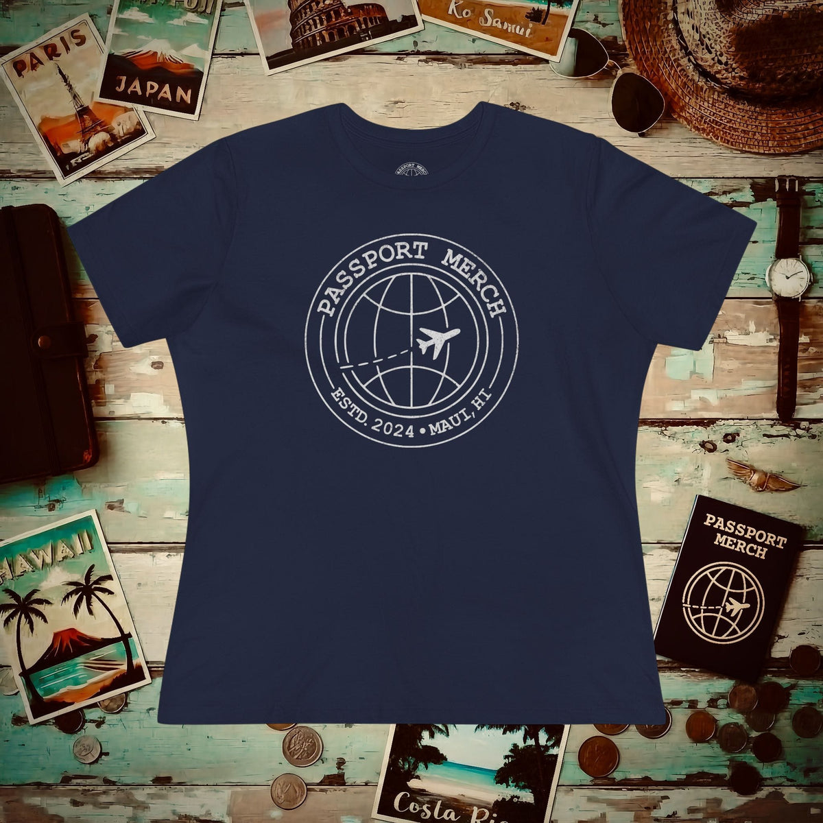 Passport Merch, Estd. 2024, Maui, HI Womens Fit T-Shirt Navy / S