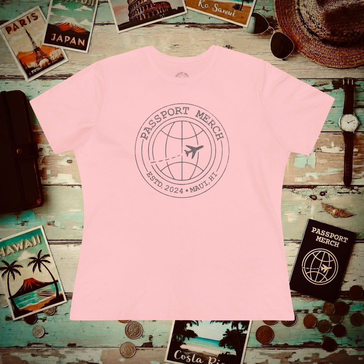 Passport Merch, Estd. 2024, Maui, HI Womens Fit T-Shirt Pink / S