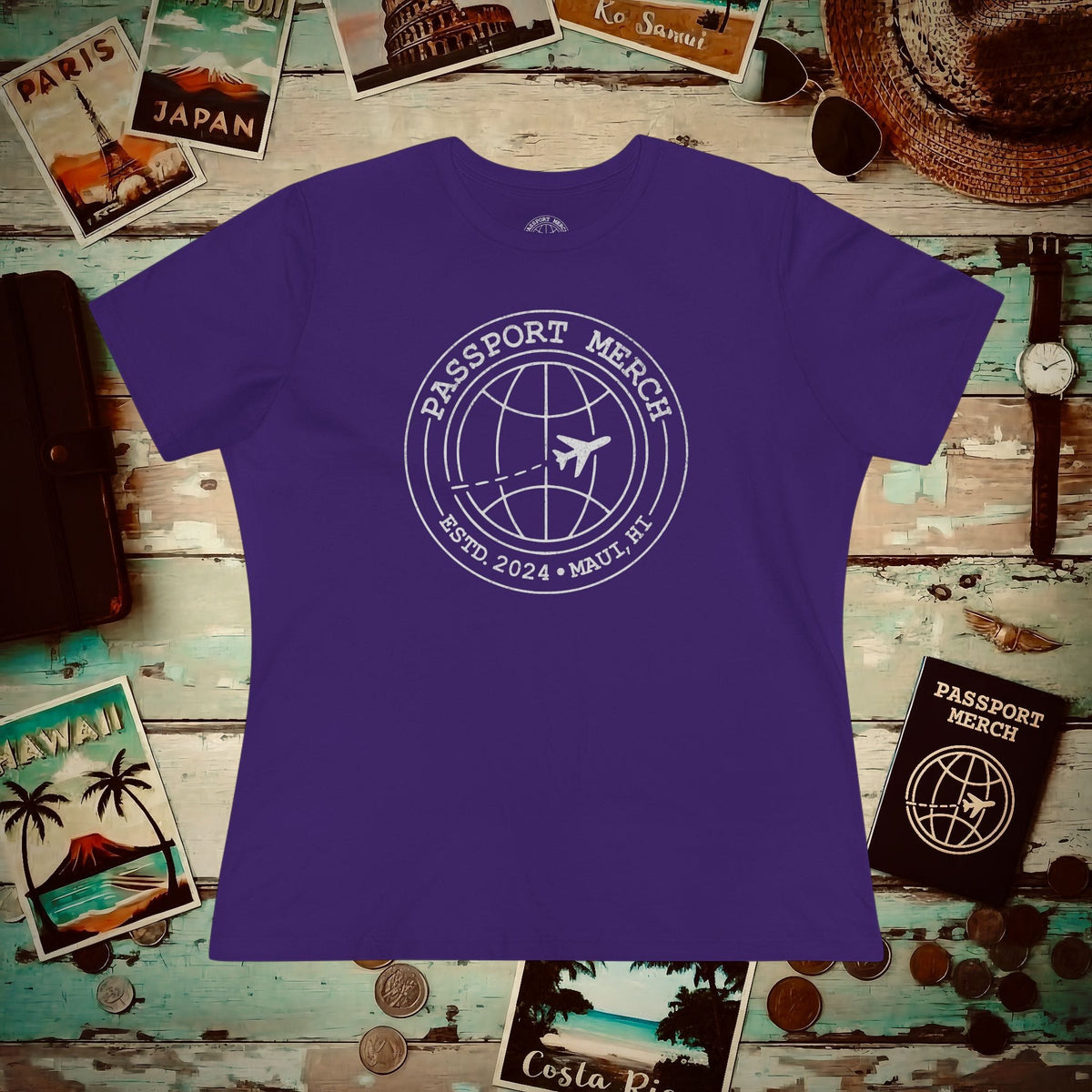 Passport Merch, Estd. 2024, Maui, HI Womens Fit T-Shirt Team Purple / S