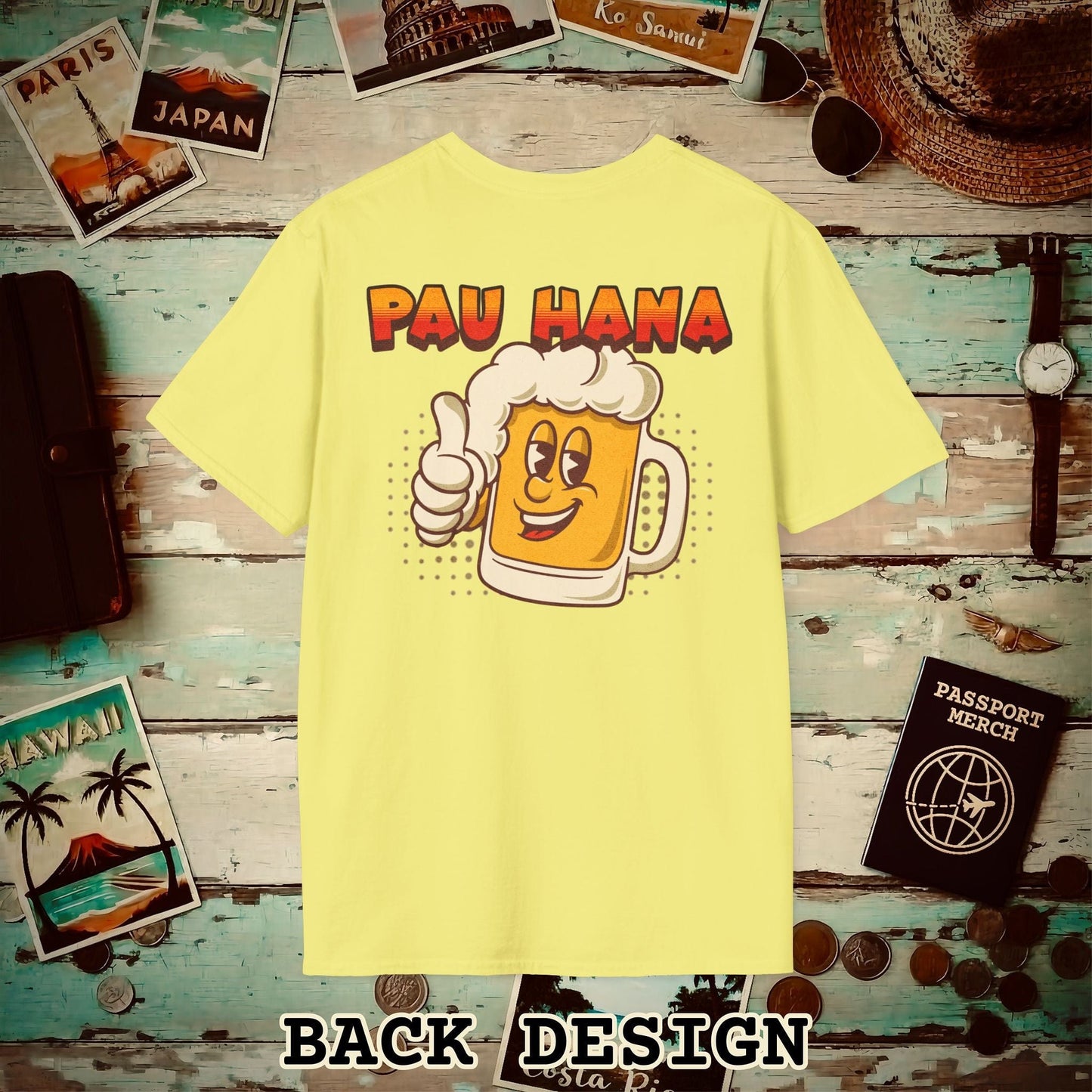 Pau Hana Beer, Hawaii, Back Print T-Shirt Cornsilk / S