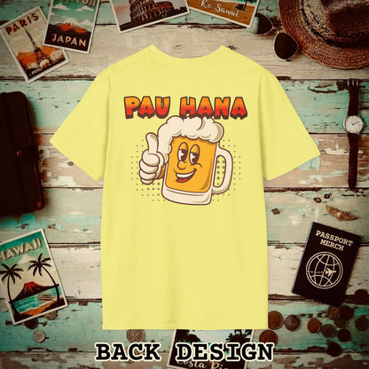 Pau Hana Beer, Hawaii, Back Print T-Shirt Cornsilk / S