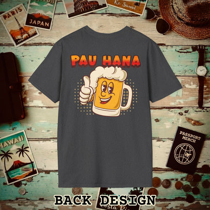 Pau Hana Beer, Hawaii, Back Print T-Shirt Dark Heather / S