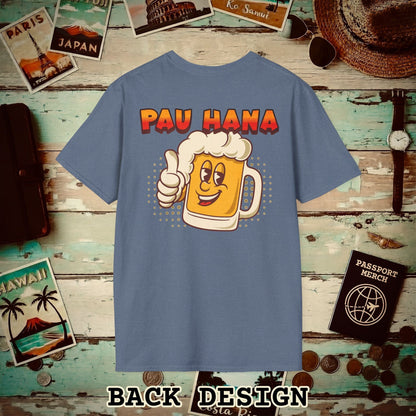 Pau Hana Beer, Hawaii, Back Print T-Shirt Heather Indigo / S