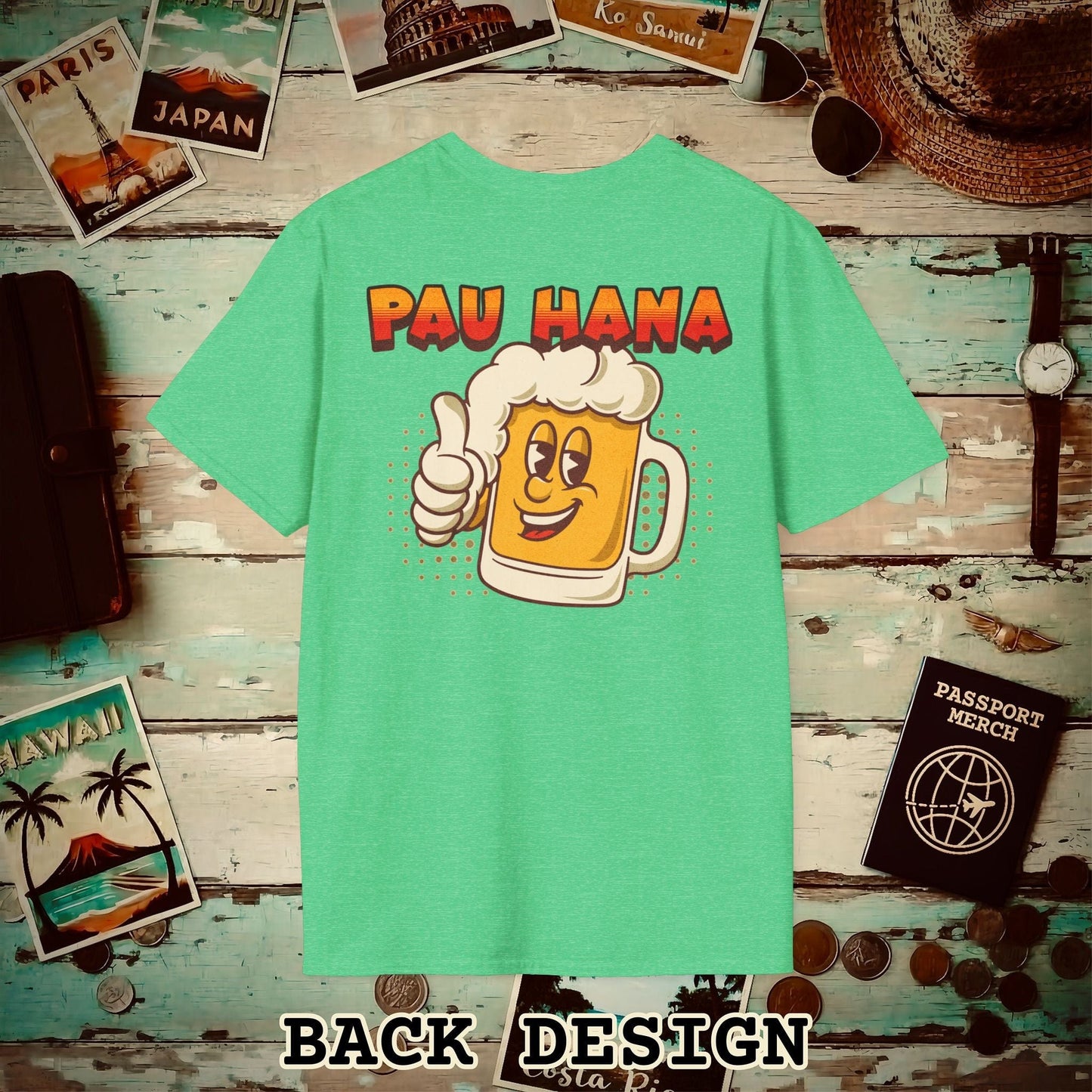 Pau Hana Beer, Hawaii, Back Print T-Shirt Heather Irish Green / S