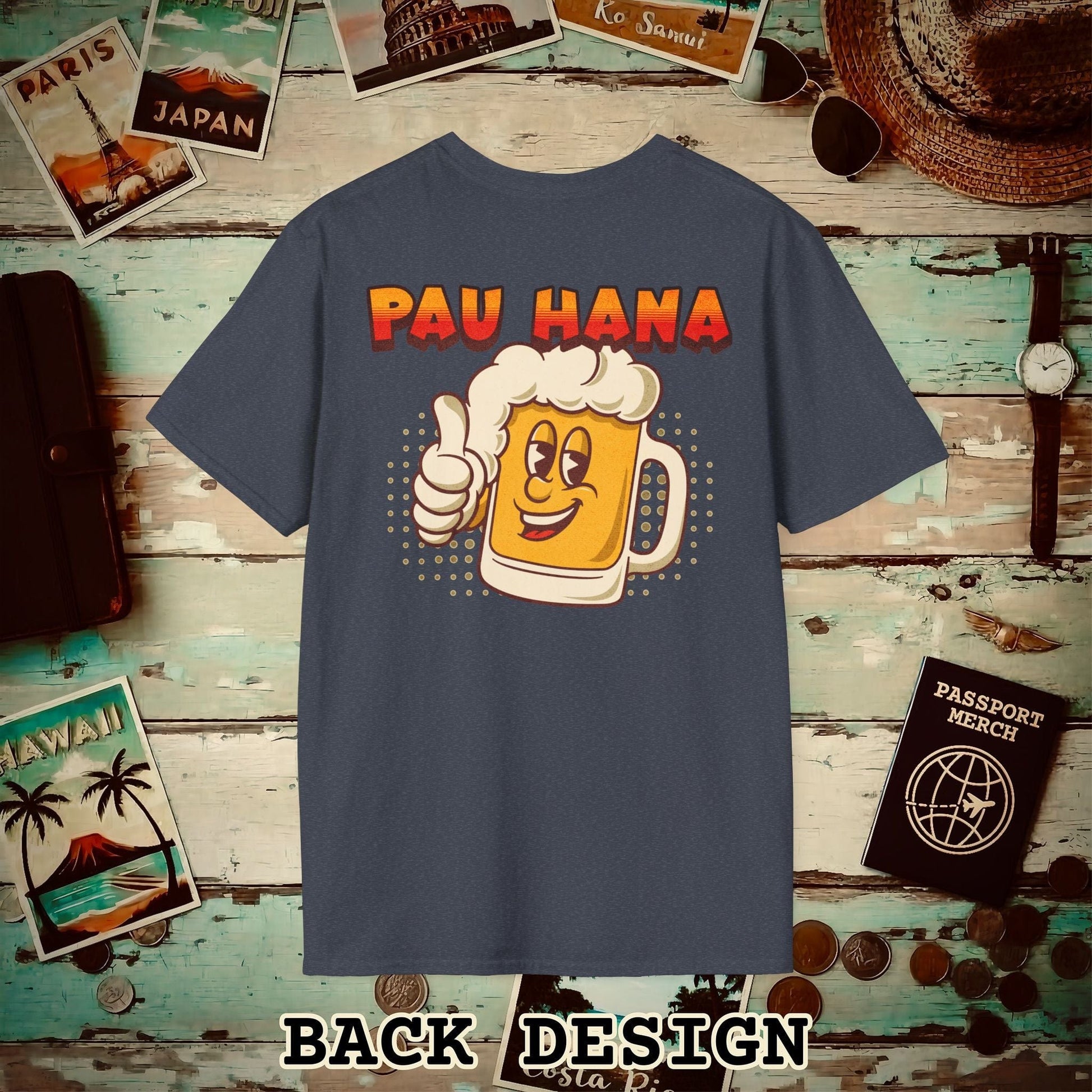 Pau Hana Beer, Hawaii, Back Print T-Shirt Heather Navy / S