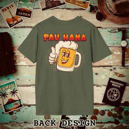 Pau Hana Beer, Hawaii, Back Print T-Shirt Military Green / S