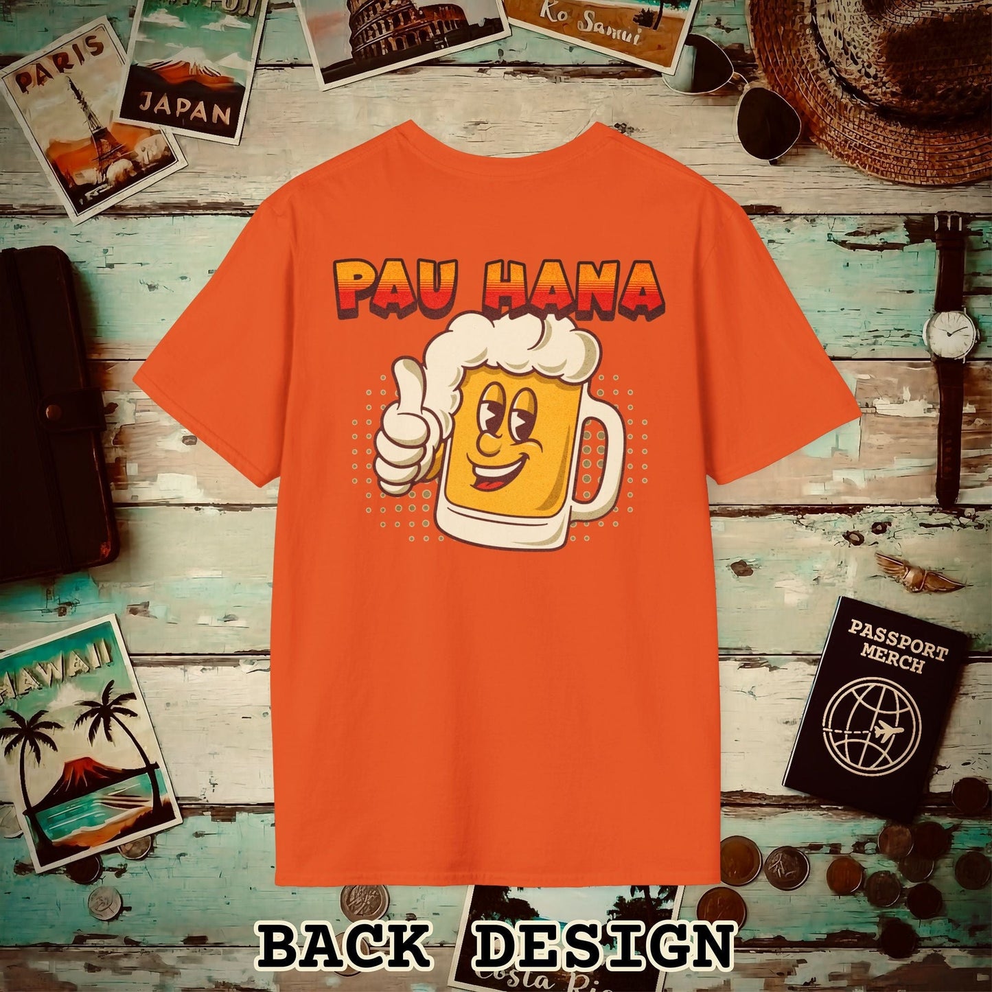 Pau Hana Beer, Hawaii, Back Print T-Shirt Orange / S