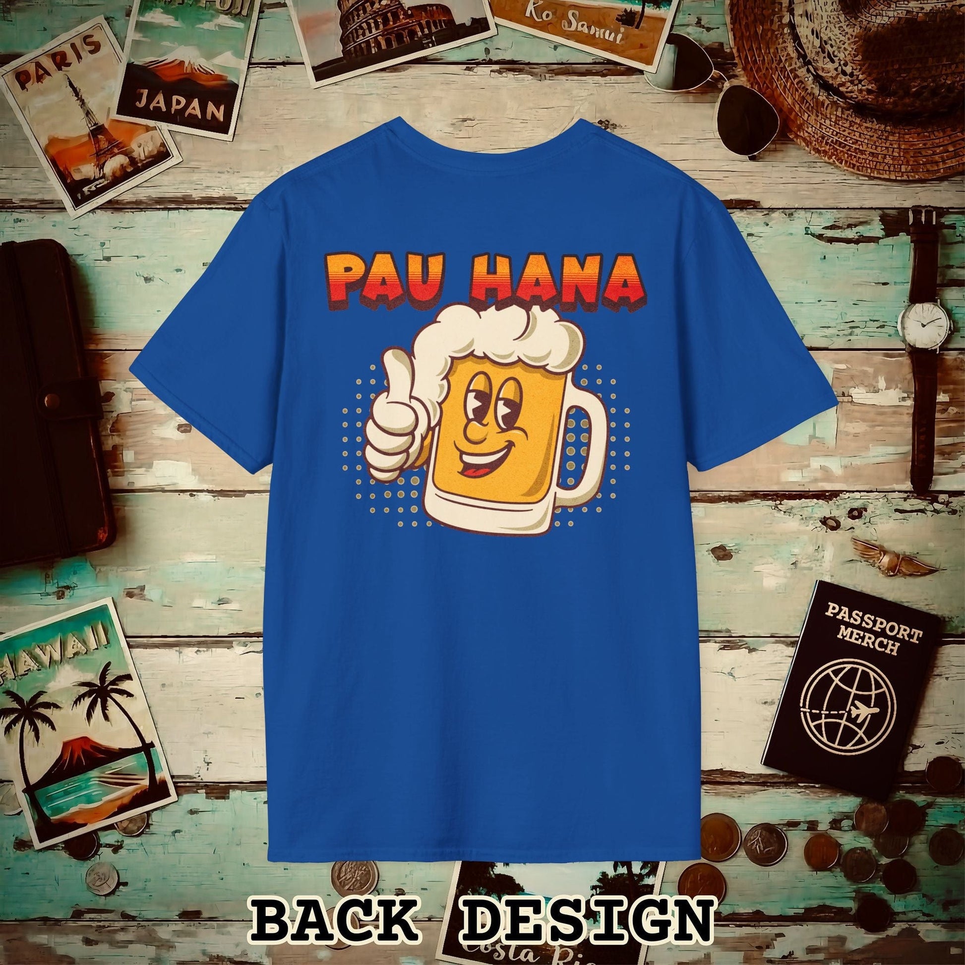 Pau Hana Beer, Hawaii, Back Print T-Shirt Royal / S