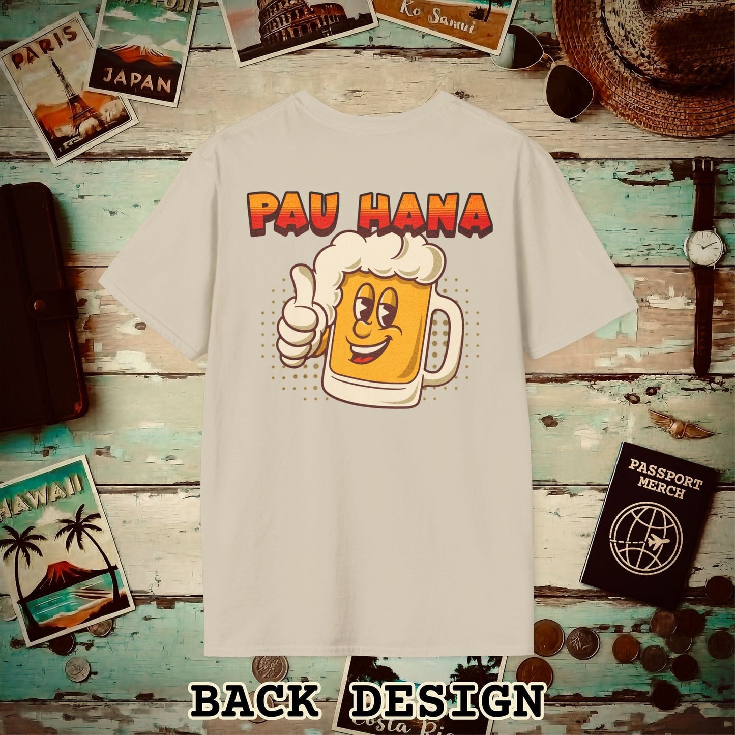 Pau Hana Beer, Hawaii, Back Print T-Shirt Sand / S