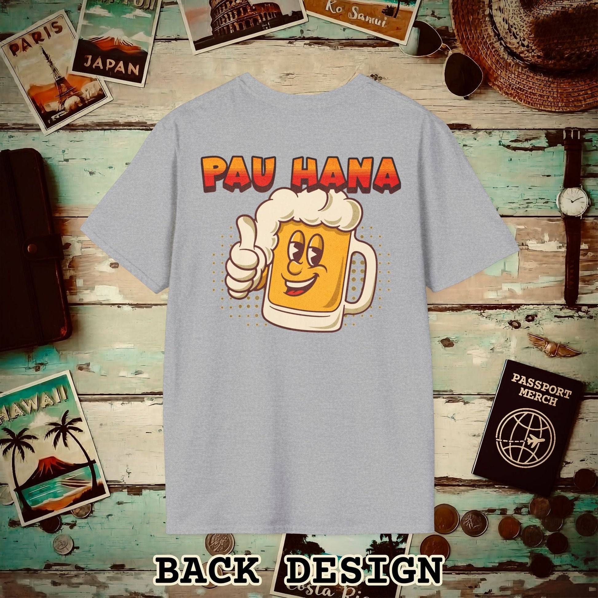 Pau Hana Beer, Hawaii, Back Print T-Shirt Sport Grey / S