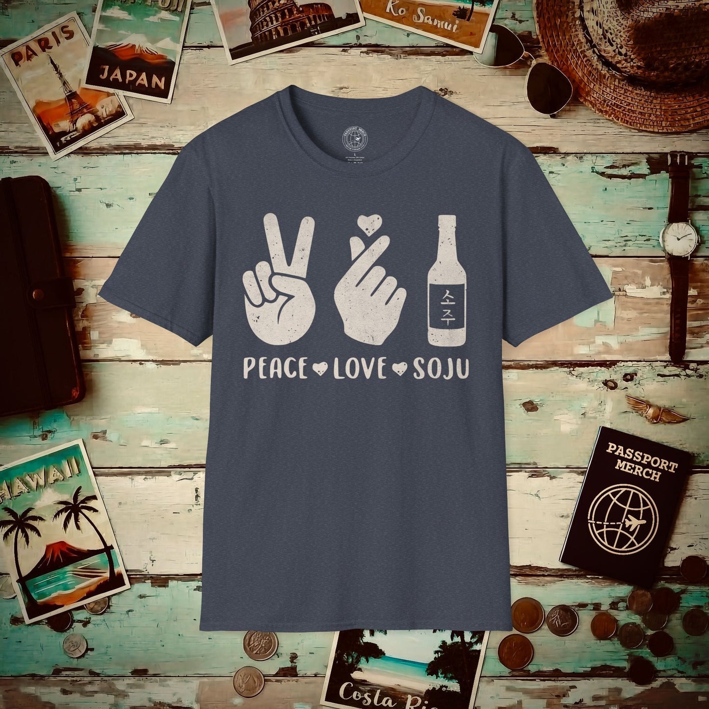 Peace Love Soju, Korea T-Shirt Heather Navy / S