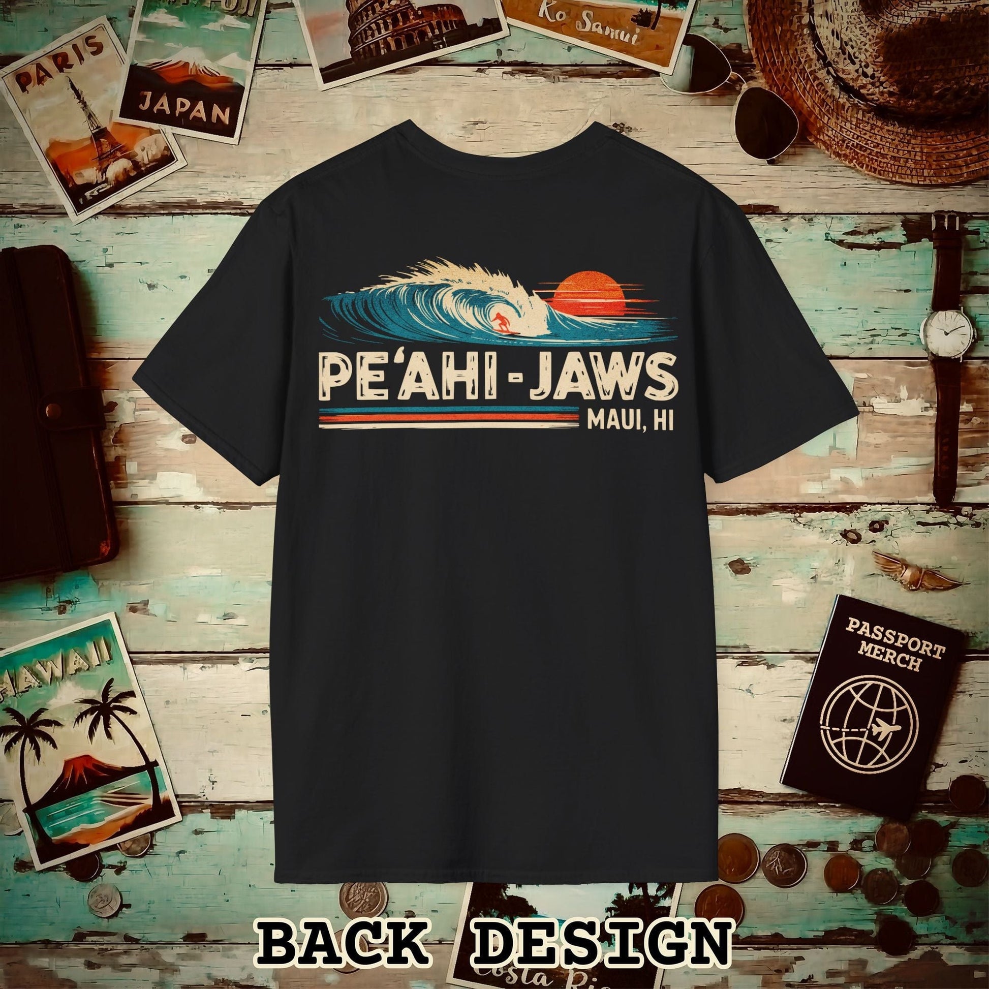 Peahi Jaws, Maui, Hawaii - Vibrant Surf Retro Back Print T-Shirt Black / S