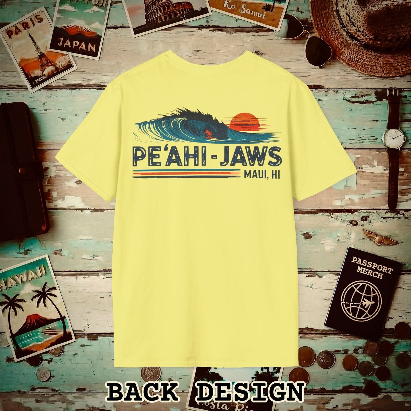 Peahi Jaws, Maui, Hawaii - Vibrant Surf Retro Back Print T-Shirt Cornsilk / S