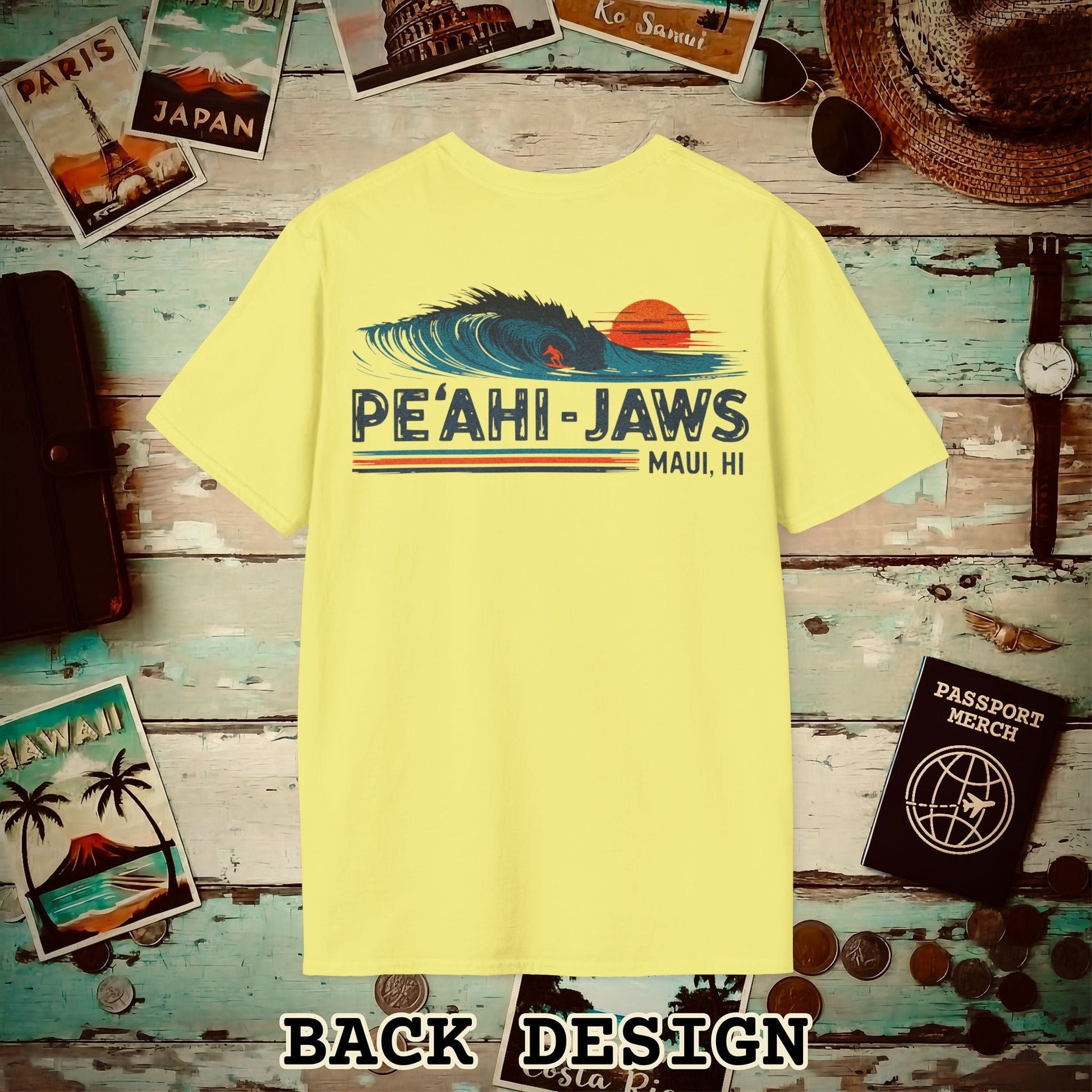 Peahi Jaws, Maui, Hawaii - Vibrant Surf Retro Back Print T-Shirt Cornsilk / S