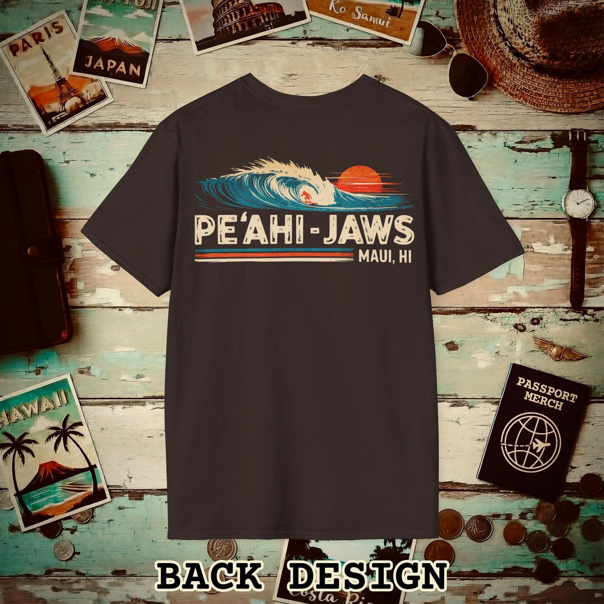 Peahi Jaws, Maui, Hawaii - Vibrant Surf Retro Back Print T-Shirt Dark Chocolate / S